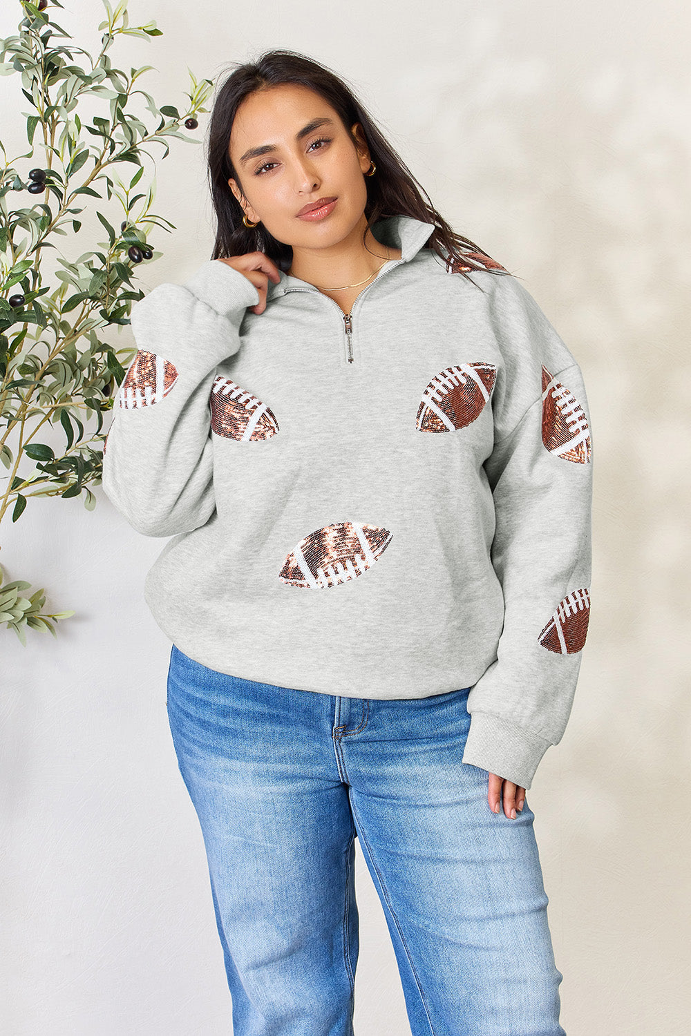 Full Size Sequin Football Half Zip Long Sleeve Sweatshirt