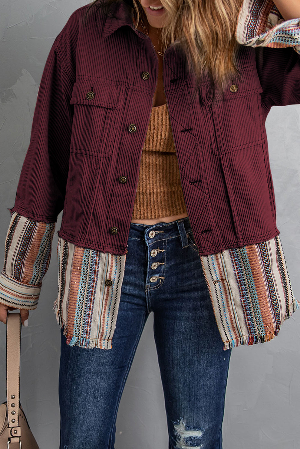 Double Take Striped Frayed Hem Corduroy Jacket