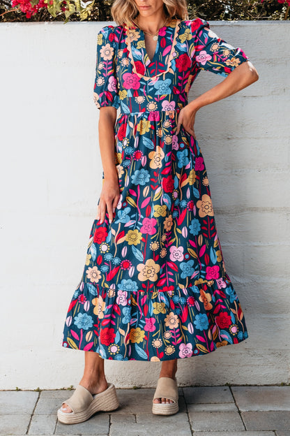 Printed Notched Puff Sleeve Midi Dress