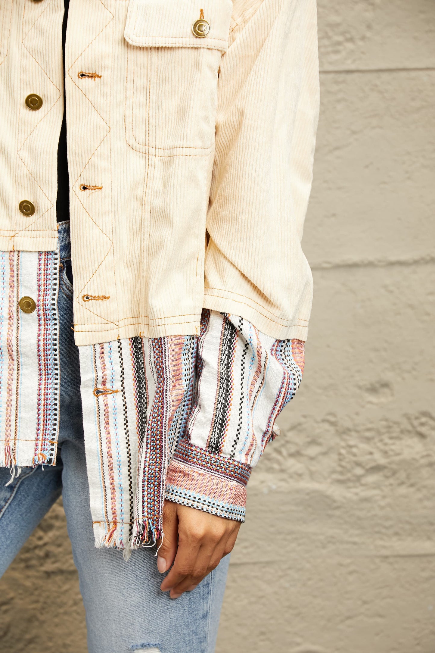 Double Take Striped Frayed Hem Corduroy Jacket