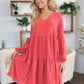 Double Take Full Size V-Neck Balloon Sleeve Tiered Dress with Pockets