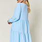 Double Take Full Size V-Neck Balloon Sleeve Tiered Dress with Pockets