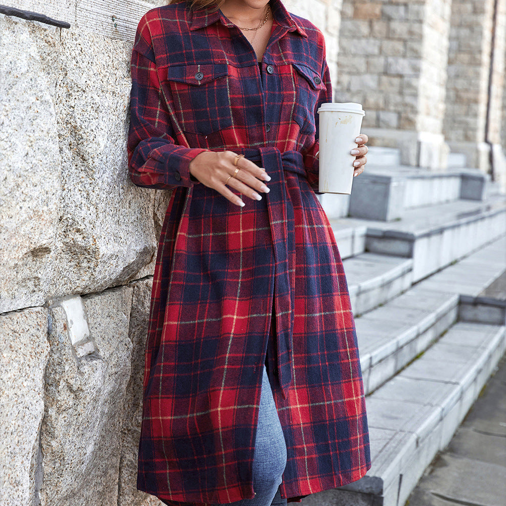 Ivy Lane Plaid Belted Button Down Longline Shirt Jacket