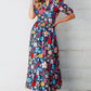 Printed Notched Puff Sleeve Midi Dress