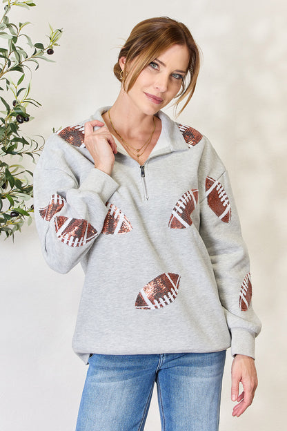 Full Size Sequin Football Half Zip Long Sleeve Sweatshirt