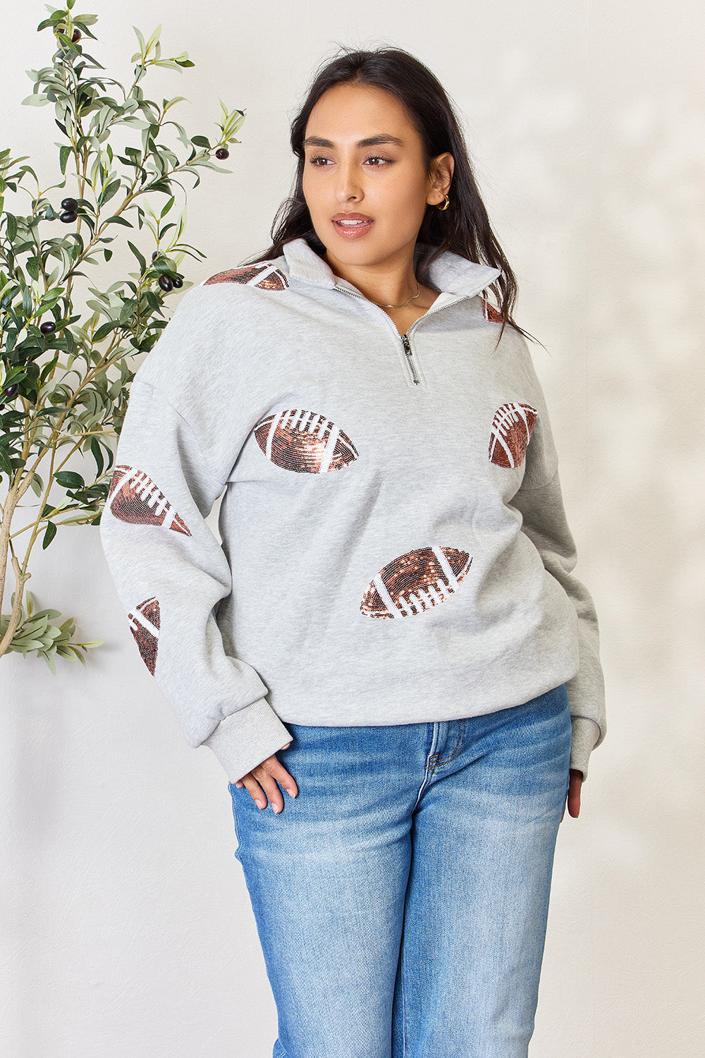 Full Size Sequin Football Half Zip Long Sleeve Sweatshirt