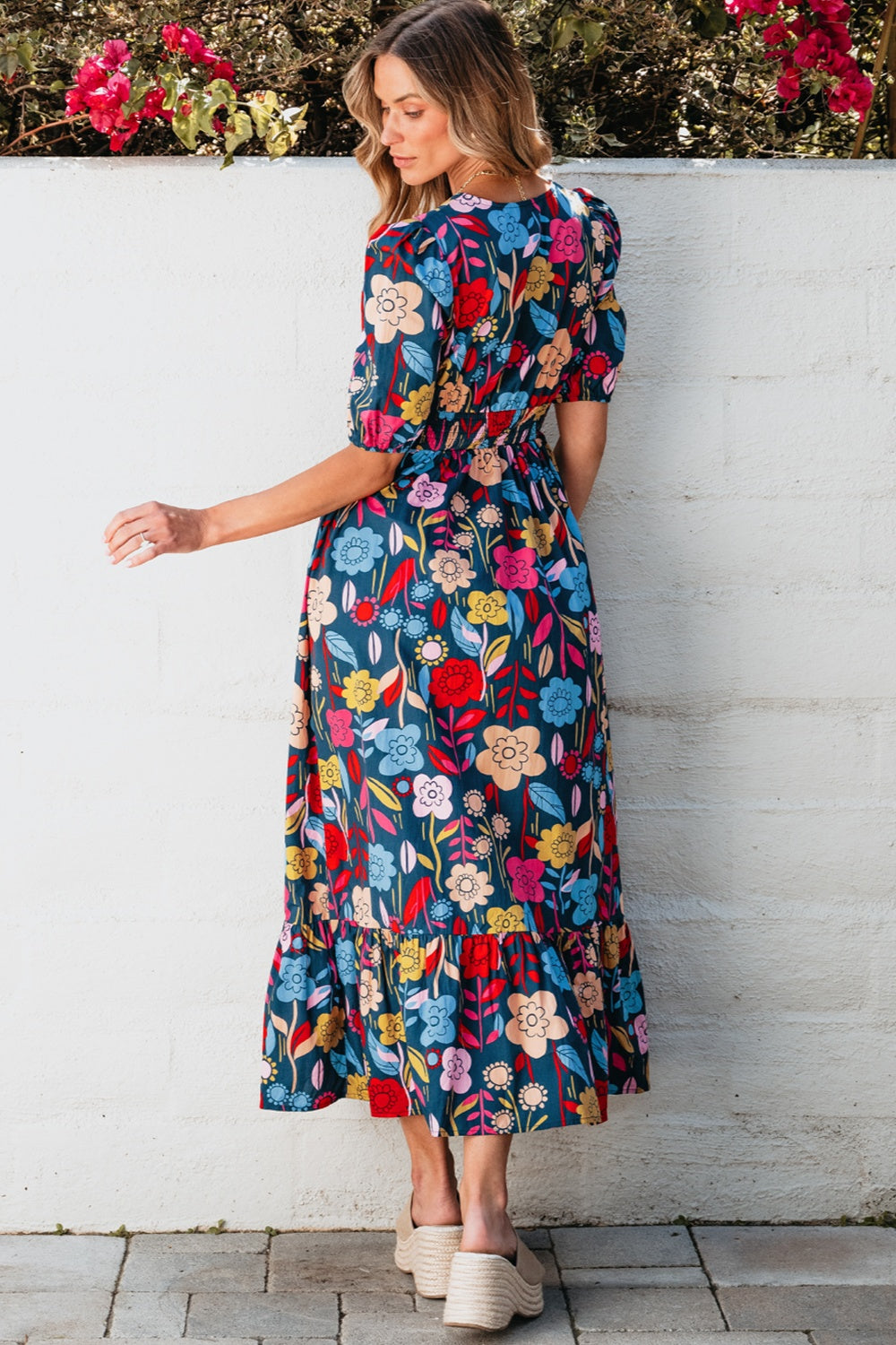 Printed Notched Puff Sleeve Midi Dress