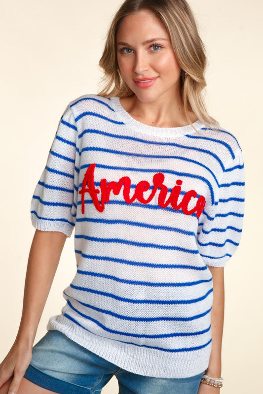 Haptics Letter Embroidery Striped Knit Top