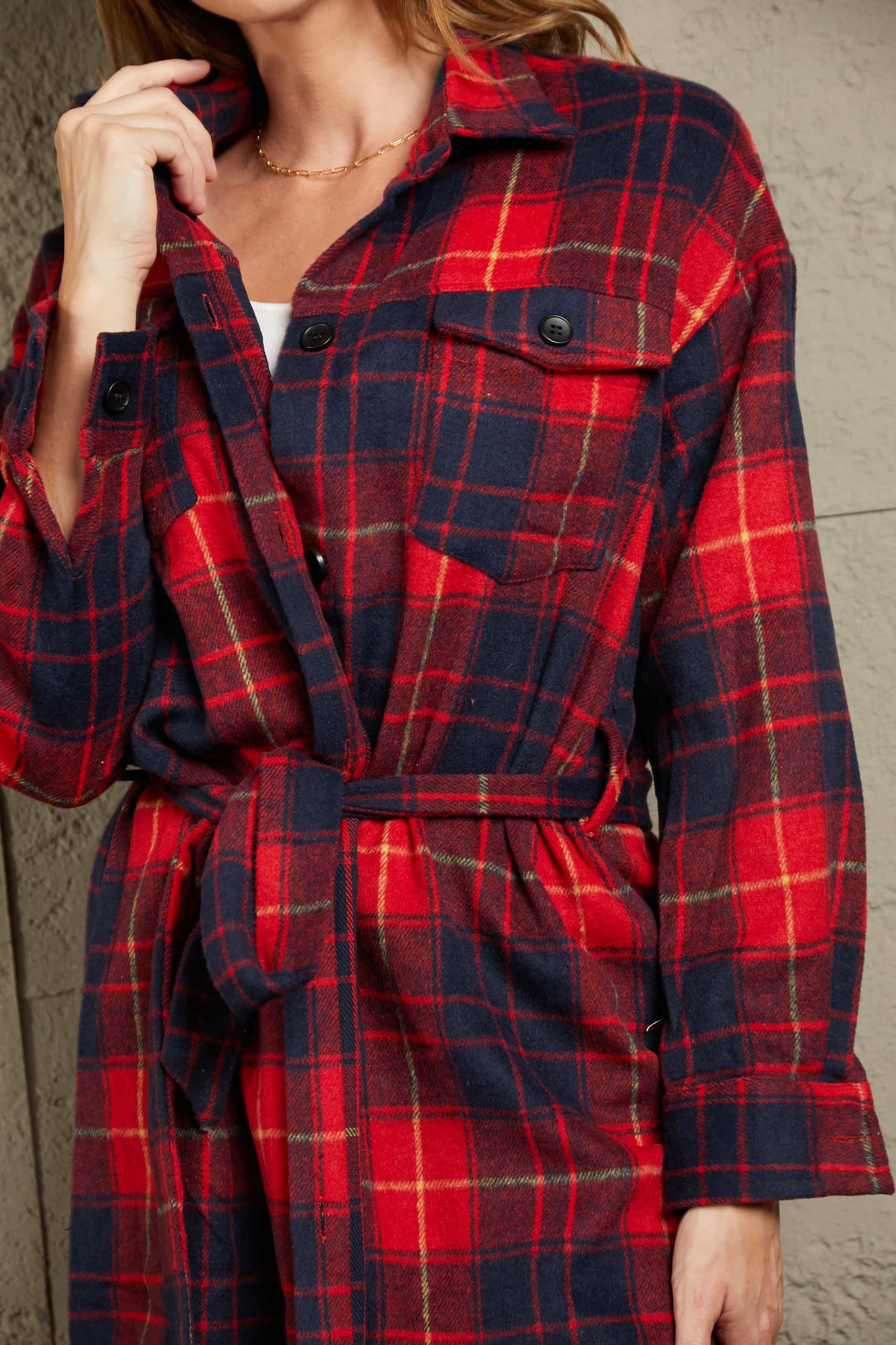 Ivy Lane Plaid Belted Button Down Longline Shirt Jacket