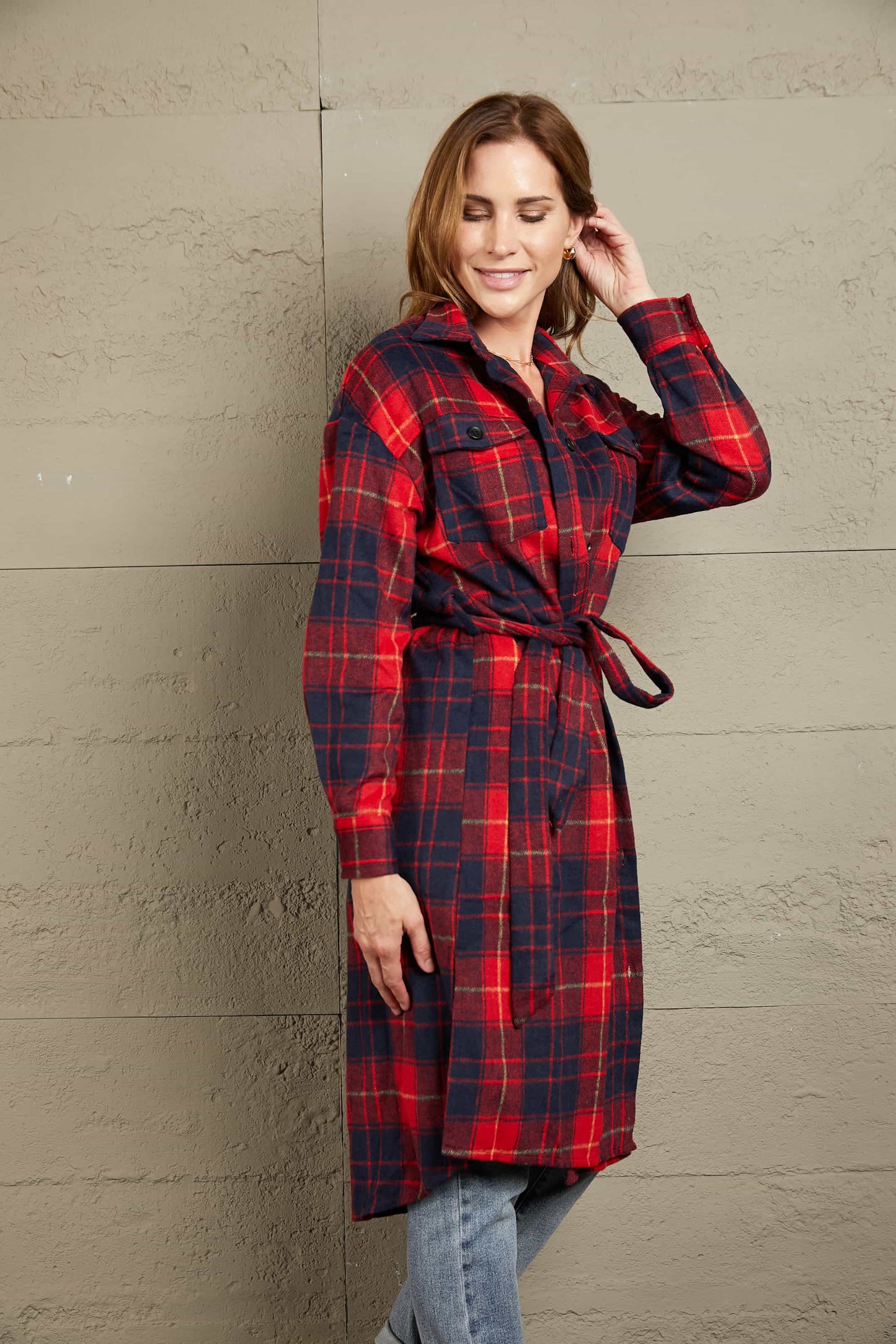 Ivy Lane Plaid Belted Button Down Longline Shirt Jacket